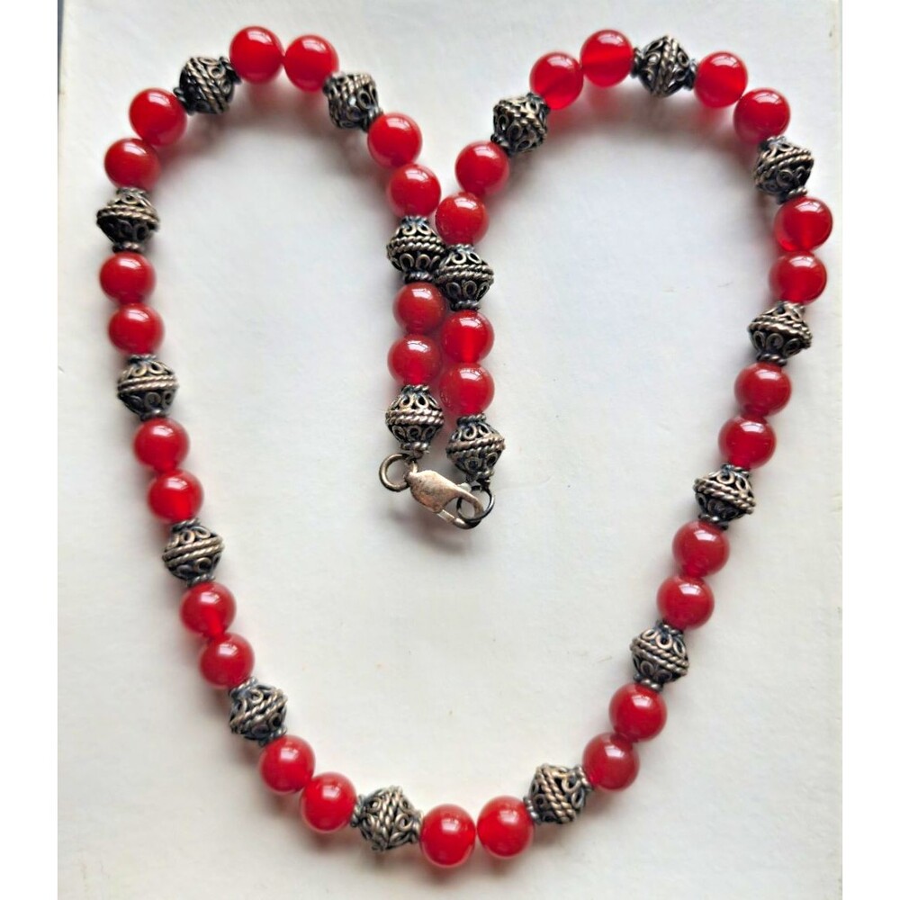 Vintage 925 Sterling Silver Genuine Carnelian Beaded Gemstone Necklace 43.81g